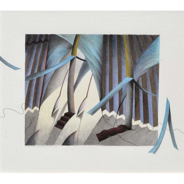 Substantial modernist watercolor by California artist Yukako Okudaira (American, b. 1943). Signed lower right. Metal...