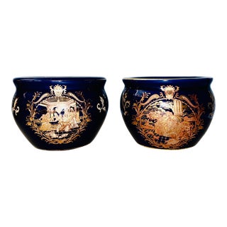 Vintage Dark Cobalt Blue Glaze & Gold Gilt Planters - Set of 2 For Sale