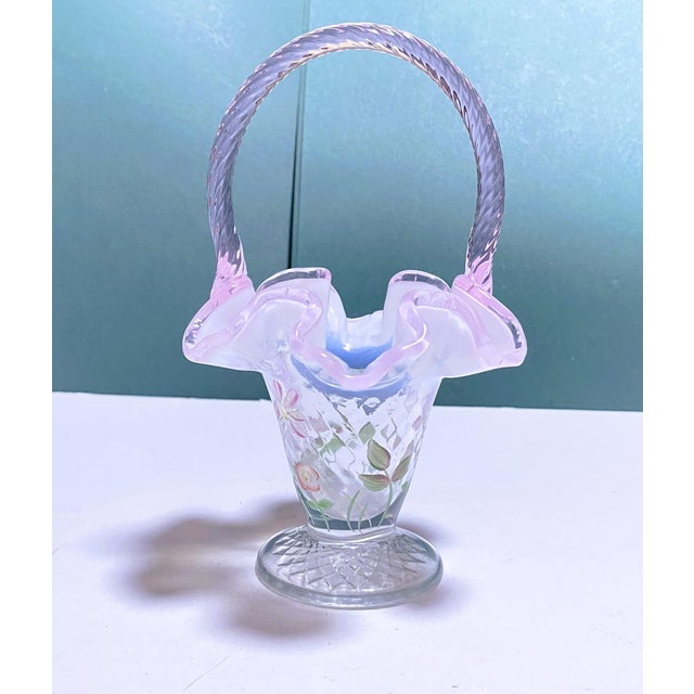 American Signed Hand Painted Fenton Art Glass Basket, Pink Opalescent Ruffled Edge, Signed S. Massey For Sale - Image 3 of 16