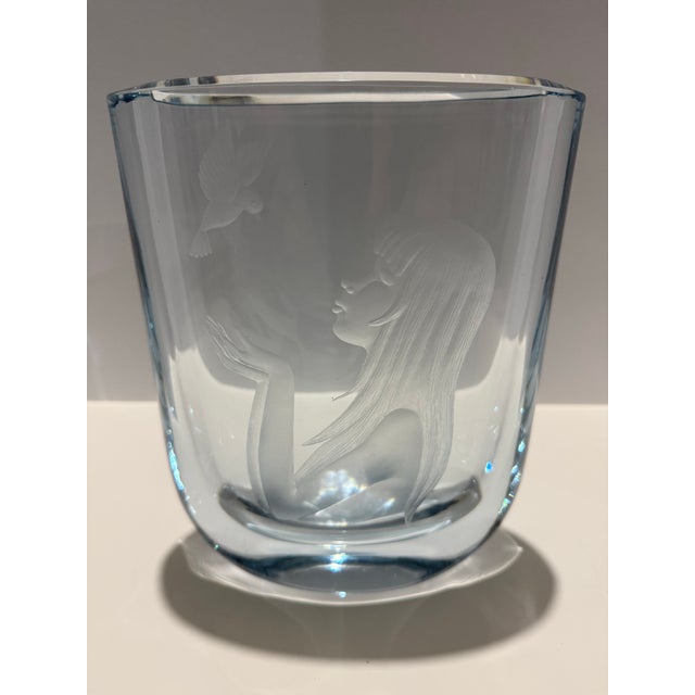 Signed Strömbergshyttan art glass vase from Sweden featuring a finely wheel-engraved cameo design of a woman with flowing...