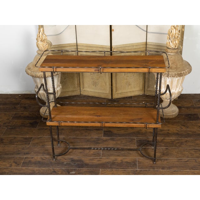 American Midcentury Metal and Wood Two-Tiered Shelving Unit with Twisted Motifs For Sale - Image 11 of 12