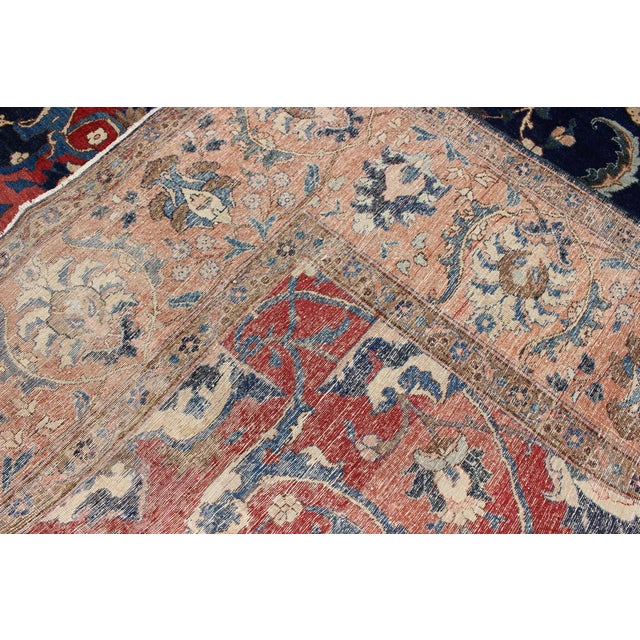 Antique Large Persian Tabriz Rug With Large Flowers on a Navy Background For Sale - Image 11 of 12