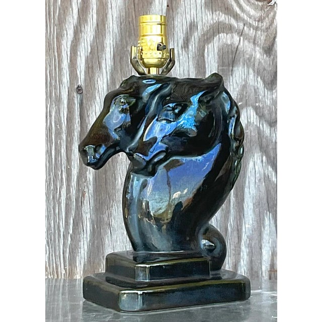 Mid 20th Century Vintage Blue Glazed Double Horse Head Lamp For Sale - Image 5 of 13