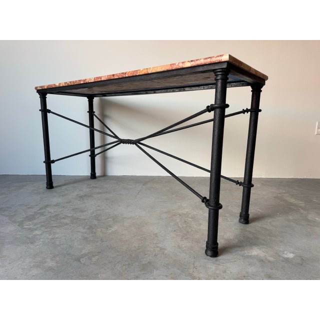 Mid-Century Modern 1980’s Vintage Brutalist Metal Console Table With Breccia Pernice Marble Top For Sale - Image 3 of 12