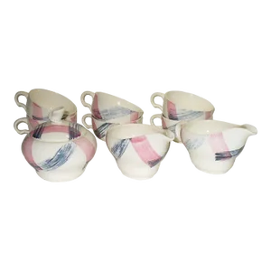 Mid Century Pink and Grey Cream and Sugar Set Plus 6 Matching Coffee Cups- 9 Pieces