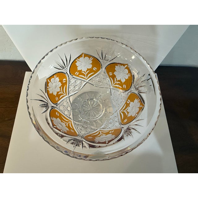 Late 20th Century Vintage Polish Julia Cut Crystal Amber Overlay Footed Centerpiece Bowl For Sale - Image 5 of 9