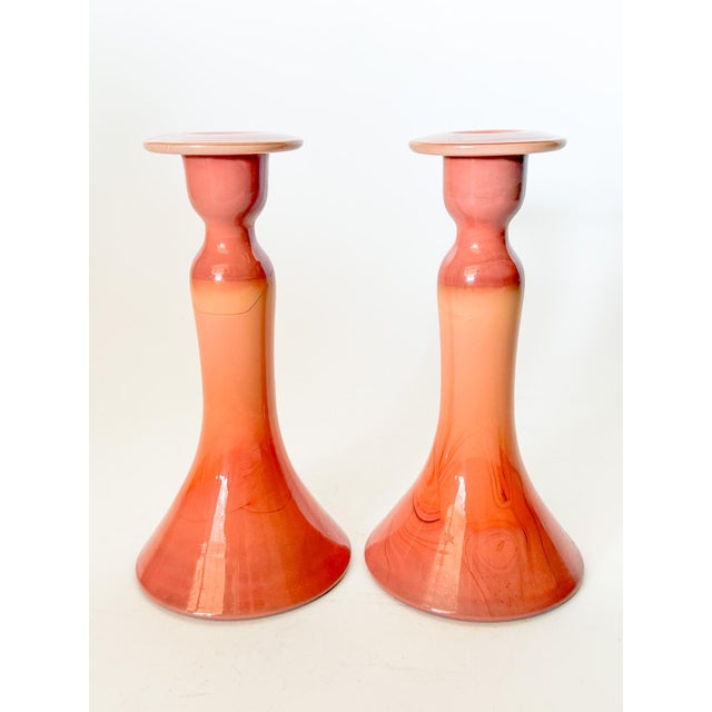 Antique Tiffin Carrara Coral Slag Glass Candlesticks, a Pair For Sale In Dallas - Image 6 of 10
