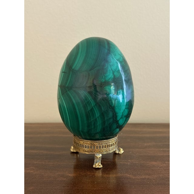 Large Solid Malachite Egg on Neoclassical Brass Stand With Paw Feet For Sale - Image 4 of 10