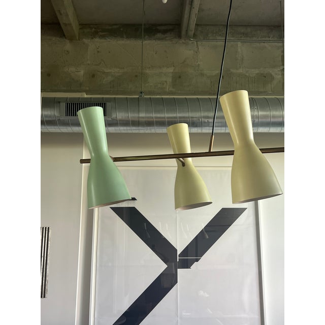 Metal 1950s Rare Stilnovo Linear Chandelier in Brass With Green and Yellow Shades For Sale - Image 7 of 13