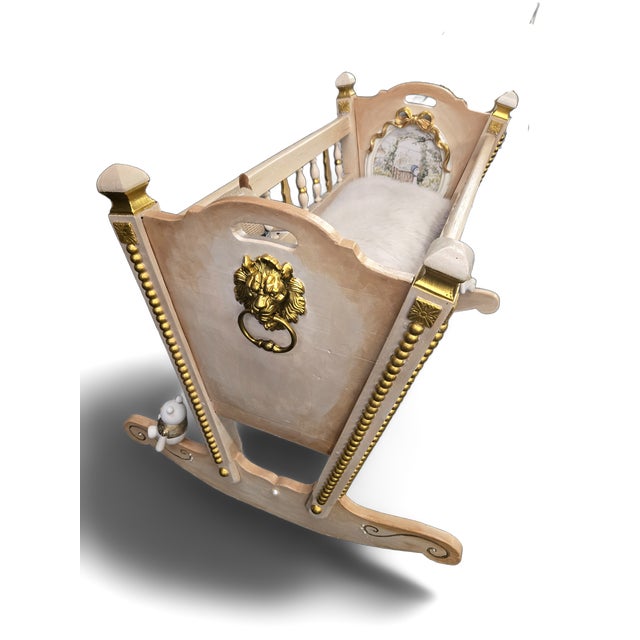 Vintage Hand-Painted Nursery Rocking Set: Gold Accent Cradle & Rocking Chair For Sale - Image 10 of 11