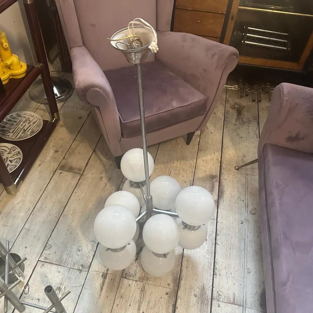 1960s Space Age Steel and Opaline Glass 10 Lights Italian Chandelier For Sale - Image 9 of 17