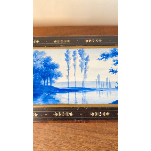 Blue Antique Victorian Jewelry Box Blue Porcelain Landscape Inlay Mother of Pearl Marquetry Wood Trinket Casket For Sale - Image 8 of 14