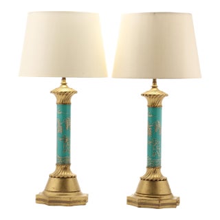 Mid 20th Century Pair of Gilt Opaline Table Lamps For Sale