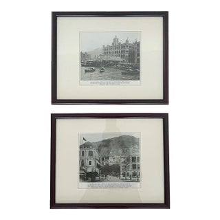 Vintage Prints of Central Hong Kong, Circa 1930 & 1862, Wood Framed, a Pair For Sale