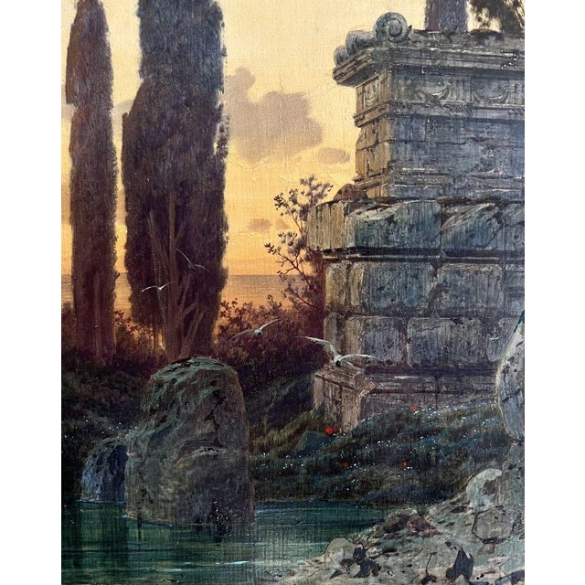 Early 20th Century Ferdinand Knab, Ancient Ruin at Sunset, 1900, Oil Painting on Wood, Framed For Sale - Image 5 of 8