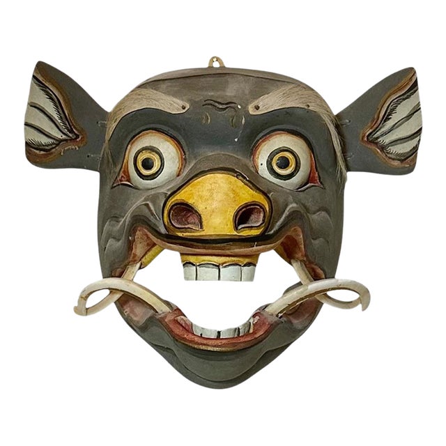 Mid 20th Century Balinese Carved Wood Mask With Articulated Mouth Wall Decor For Sale