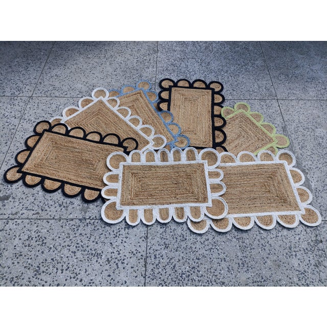 Handwoven Natural Jute Bath Rug With Black Scalloped Border For Sale - Image 9 of 12
