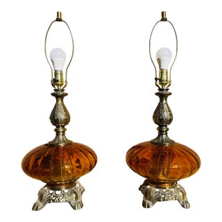 Vintage 1970s Amber Glass Table Lamps - a Pair For Sale