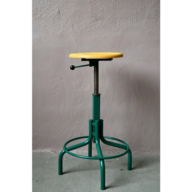 Industrial Adjustable Workshop Stool in Green Metal and Yellow Wood, 1960s For Sale - Image 4 of 9