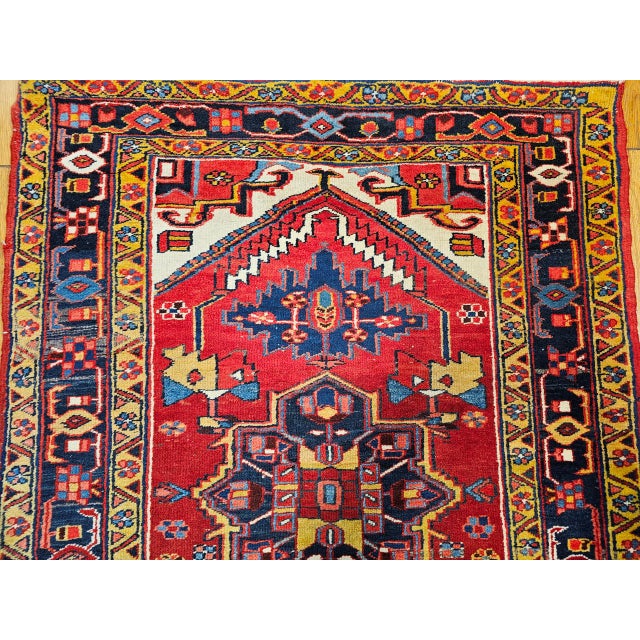 Vintage Heriz Wide Runner, Hand-Knotted Wool, Geometric Design, Red & Navy, 4x12 For Sale - Image 15 of 18