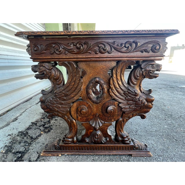Brown Late 19th Century Ornate Victorian Oak Gargoyle Library Table For Sale - Image 8 of 10