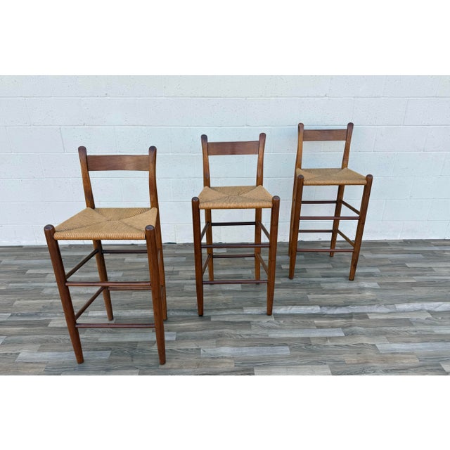 Mid-Century Modern 1970s Set of 3 Danish Modern Style Oak Bar Stools With Rush Seats | Mid-Century For Sale - Image 3 of 18