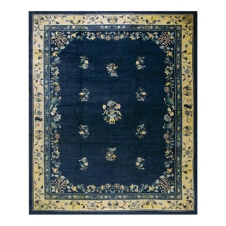 1920s Navy Blue Floral Deco Antique Chinese Peking Knotted Rug 11'9'' X 14'3'' For Sale