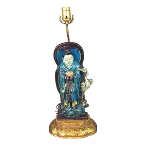 Antique Chinese Turquoise and Aubergine Glazed Figure of a Dignitary Ming Dynasty, 17th Century Mounted as a Table Lamp