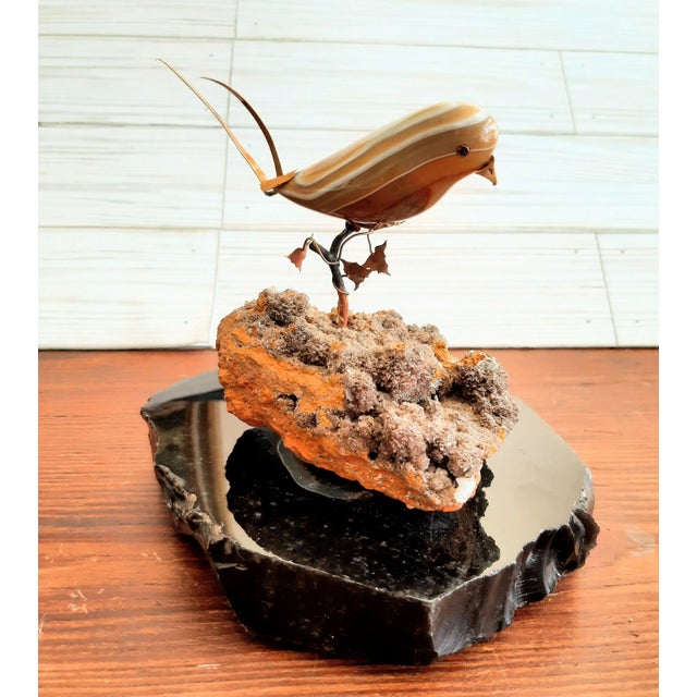14k Gold Mounted Agate Bird on Crystal Rock Sculpture For Sale - Image 9 of 12