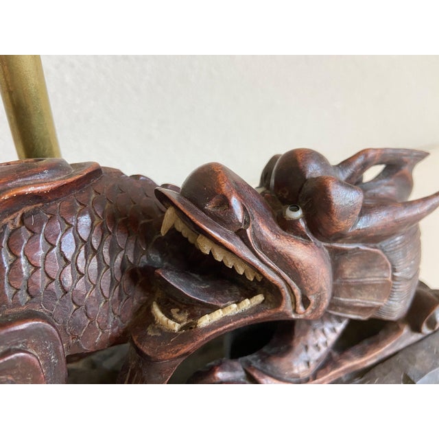 Wood Asian Carved Wood Dragon Roof Tile Lamp & Shade For Sale - Image 7 of 15