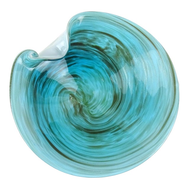 Murano Aqua Blue Copper Aventurine Swirls Vintage Italian Art Glass Scroll Edge Decorative Bowl For Sale