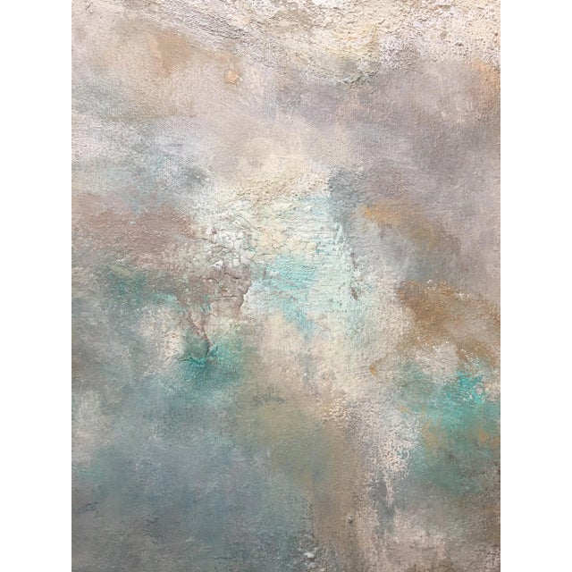 Contemporary "Dream" Original Abstract Seascape Coastal Aqua Painting ~ Large Teal Green Art With Beach Sand For Sale - Image 3 of 11