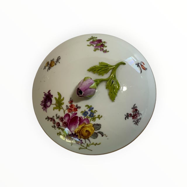 Meissen Porcelain Antique Meissen Chipped Porcelain Covered Sugar Bowl Floral Rosebud Seconds Mark Germany 1924-1934 For Sale - Image 4 of 7