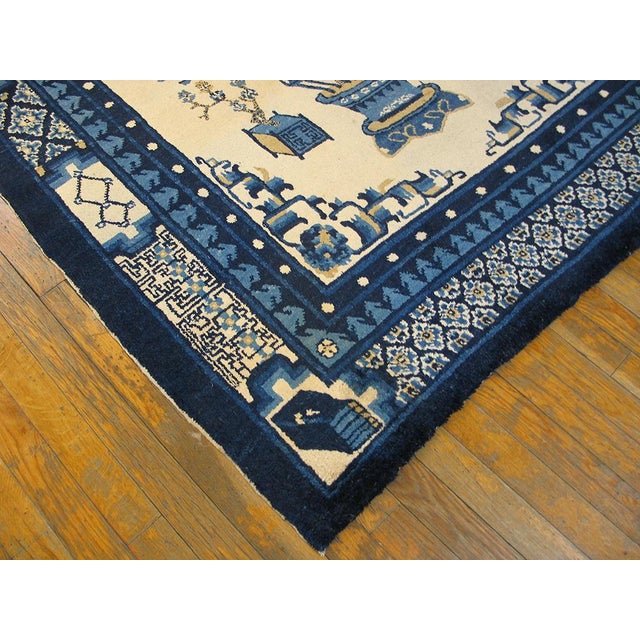 19th Century 1890s White Blue Medallion Antique N. Chinese Mongolian Rug 4'3" X 5'10" Handknotted Wool Carpet For Sale - Image 5 of 6