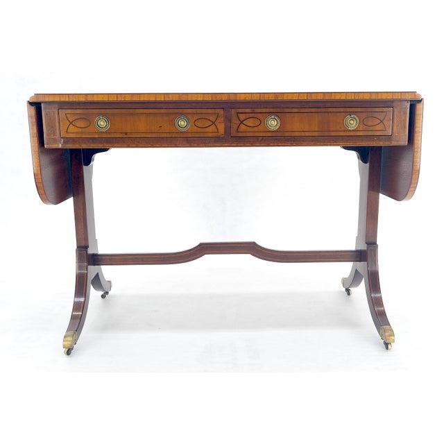 Yew Wood Drop Leaves Two Drawers Low Profile Brass Feet Desk Console Table MINT 2x 11" leaves with an extended table...