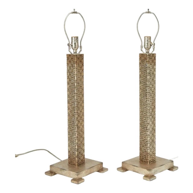 Pair Contemporary Silvered Geometric Column Lamps For Sale