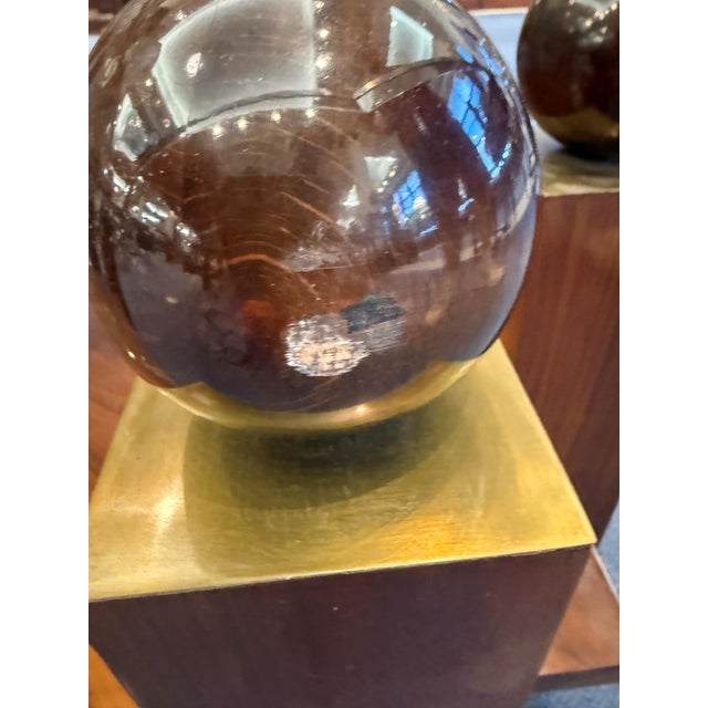 Brown Mid-Century Modern Style Walnut & Burl Wood Coffee Table With Glass Top and Spherical Finials For Sale - Image 8 of 8