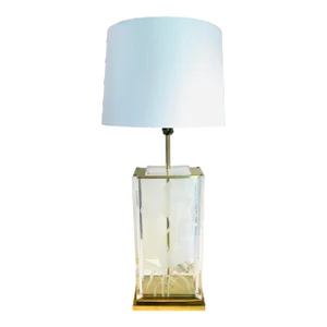 Vintage 1970s Fredrick Ramond Etched Lily Design Lucite, Glass & Brass Tall Table Lamp With Shade