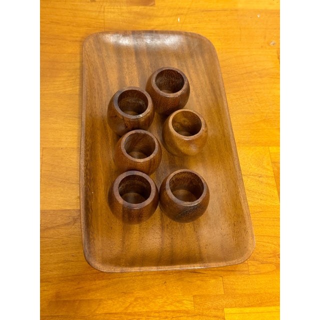 Vintage Teak-Wood Serving Tray W/ Six Teak Napkins Rings 6pc For Sale - Image 4 of 7