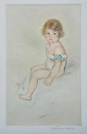 Mathilde De Cordoba Aquatint Hand Colored Etching of a Young Girl, Circa 1930