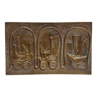 Vintage Korean Brutalist Cast Brass Wall Plaque With Stylized Village Scene For Sale