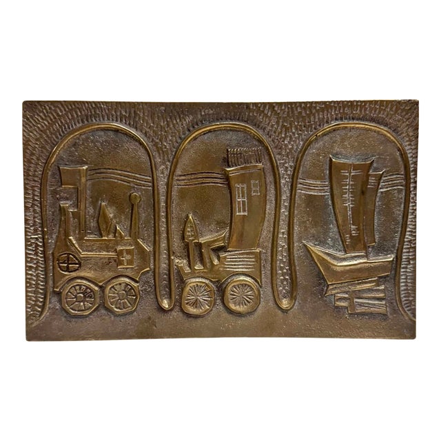Vintage Korean Brutalist Cast Brass Wall Plaque With Stylized Village Scene For Sale