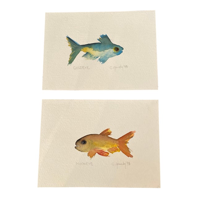 1990s Watercolor Fish Paintings Small Scale - a Pair For Sale