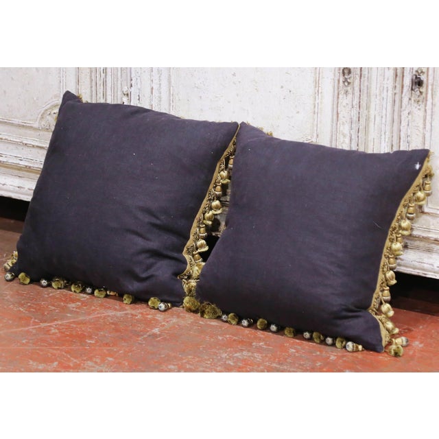 Dark Green Pair of Pillows With Trim Made With 18th Century Aubusson Tapestry Fragments For Sale - Image 8 of 8