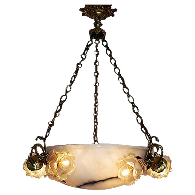 Large Alabaster and Bronze Pendant, 1900s For Sale