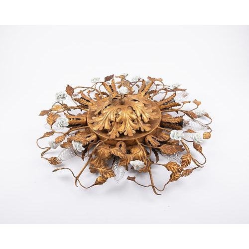 Large Italian Flush Mounts with Porcelain Roses, 1950s, Set of 2 For Sale - Image 4 of 10