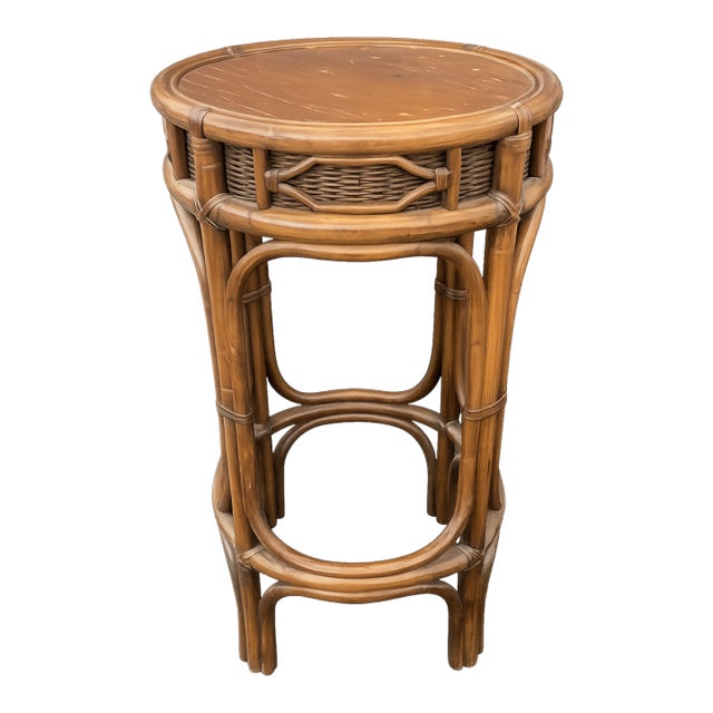 Vintage Chinoiserie Style Rattan Bar Table With Woven Apron For Sale