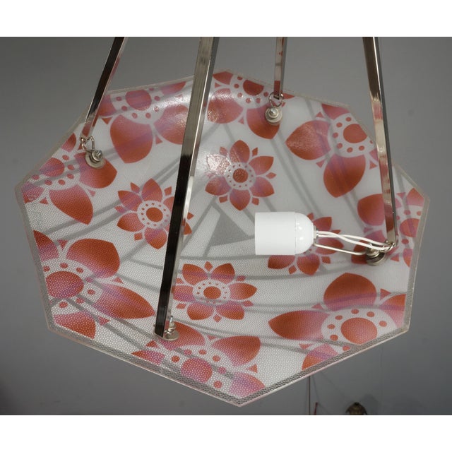 Loys Lucha French Art Deco Pendant Light 1930s - Octagonal Coral Ice Glass Shade For Sale - Image 10 of 14