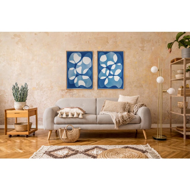 Paper Sacks of Stones, Abstract Geometric Diptych, Modern Floating Shapes, Handmade Monotype Cyanotype on Watercolor Paper., 2026 For Sale - Image 7 of 9
