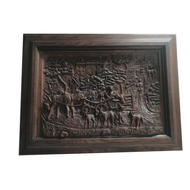 Bas-Relief in Wood by M. Arendt for Village Scene, 1940s For Sale